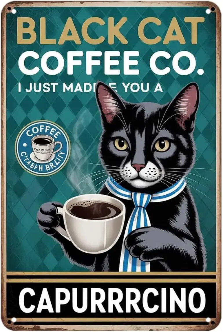 Black Cat Coffee Tin Sign Funny Animal Drinking Espresso Vintage Metal Signs Wall Decor for Kitchen Bar Cafe Bedroom Home Patio