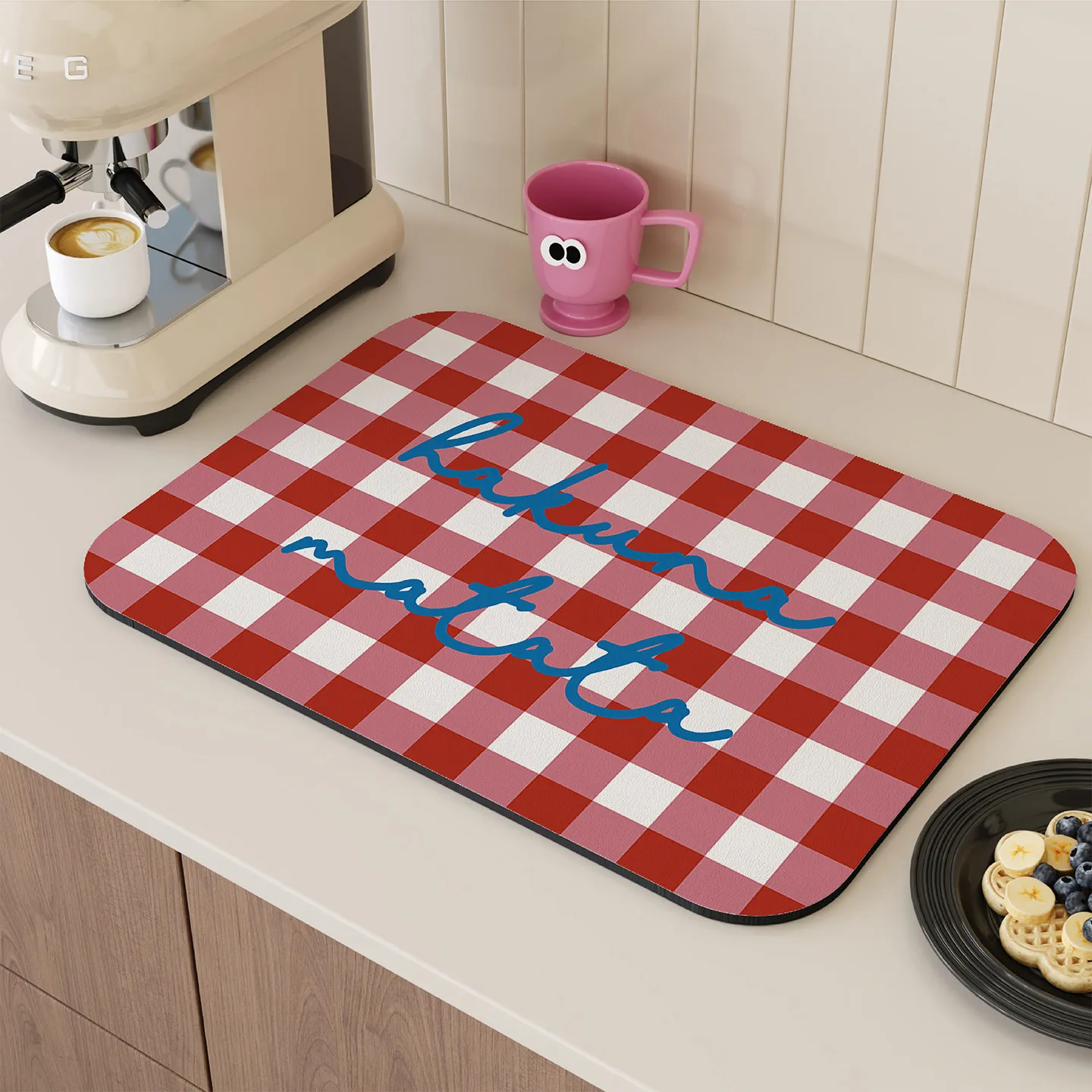 VIKAMA red gingham handwriting text dish drainer pad vintage american retro plaid kitchen countertop absorbent non slip pad Rug