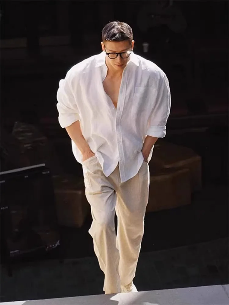 Man White Shirts 2026 Spring New Plus Size 300lbs Men's White Long Sleeve Shirt Summer Thin Loose Casual Sun Protection Blouse