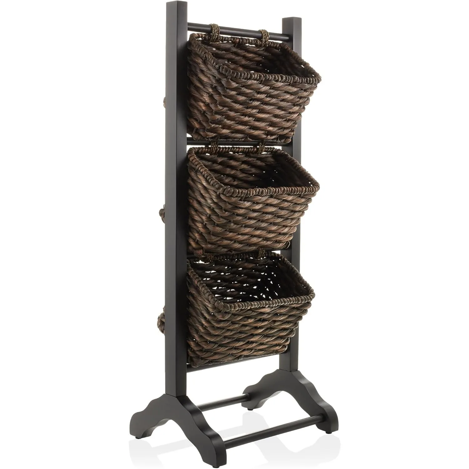 

3-Tier Floor Stand with Water Hyacinth Storage Baskets,Black/Espresso - Standing Organizer Rack for Bathroom,Kitchen,Laundry