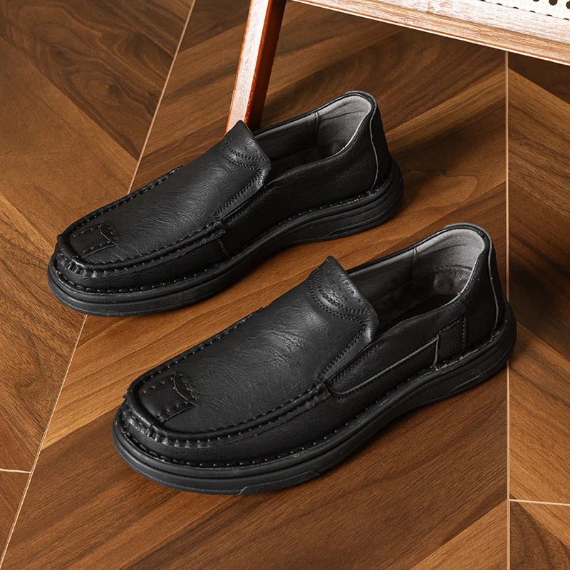 Spring and Autumn Men's Leather Business Dress Casual Shoes Fashion Middle-aged and Old Soft-soled Plus Size Black Leather Shoes