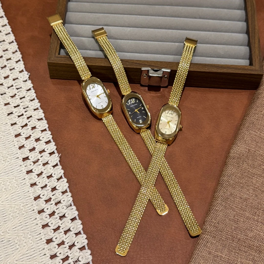 ساعة كوارتز بسيطة للنساء بحزام من الفولاذ المقاوم للصدأ بمينا بيضاوي وساعة يد للطالبات وساعات يد ذهبية للسيدات Relogio