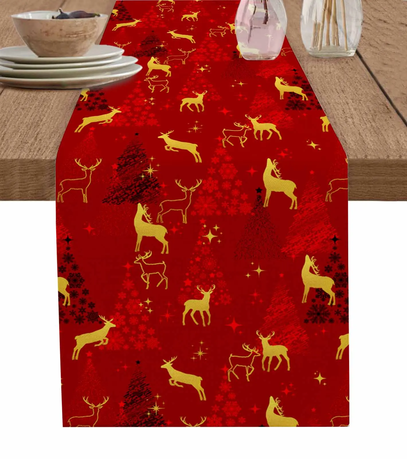 Christmas Deer Christmas Tree Star Red Modern Linen Cotton Table Cloth Decoration For Home Wedding Christmas Party