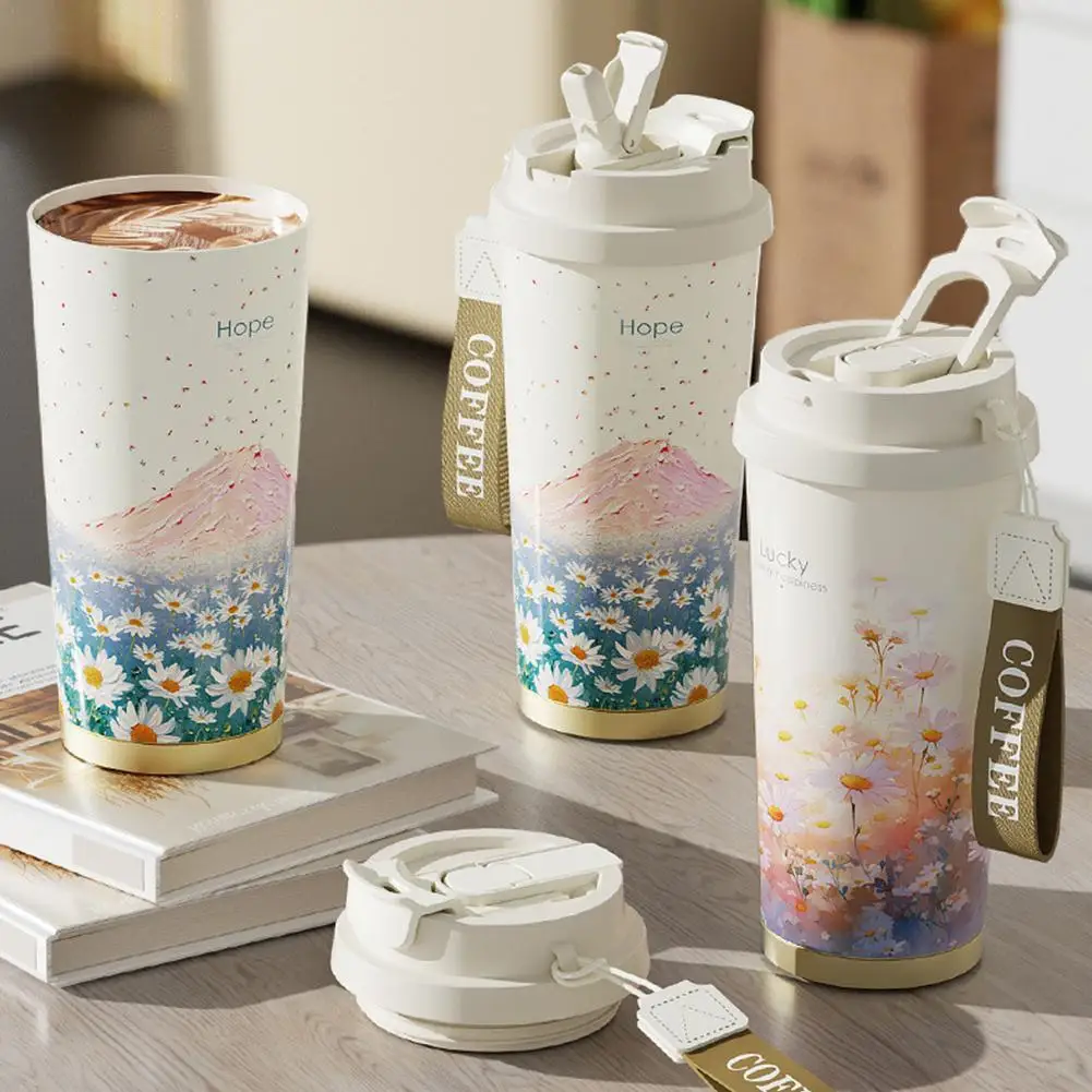 Taza de café para mujer, taza de agua con pajita, taza de aislamiento térmico de alto nivel de apariencia con tazas de té de elaboración de cerveza en la oficina