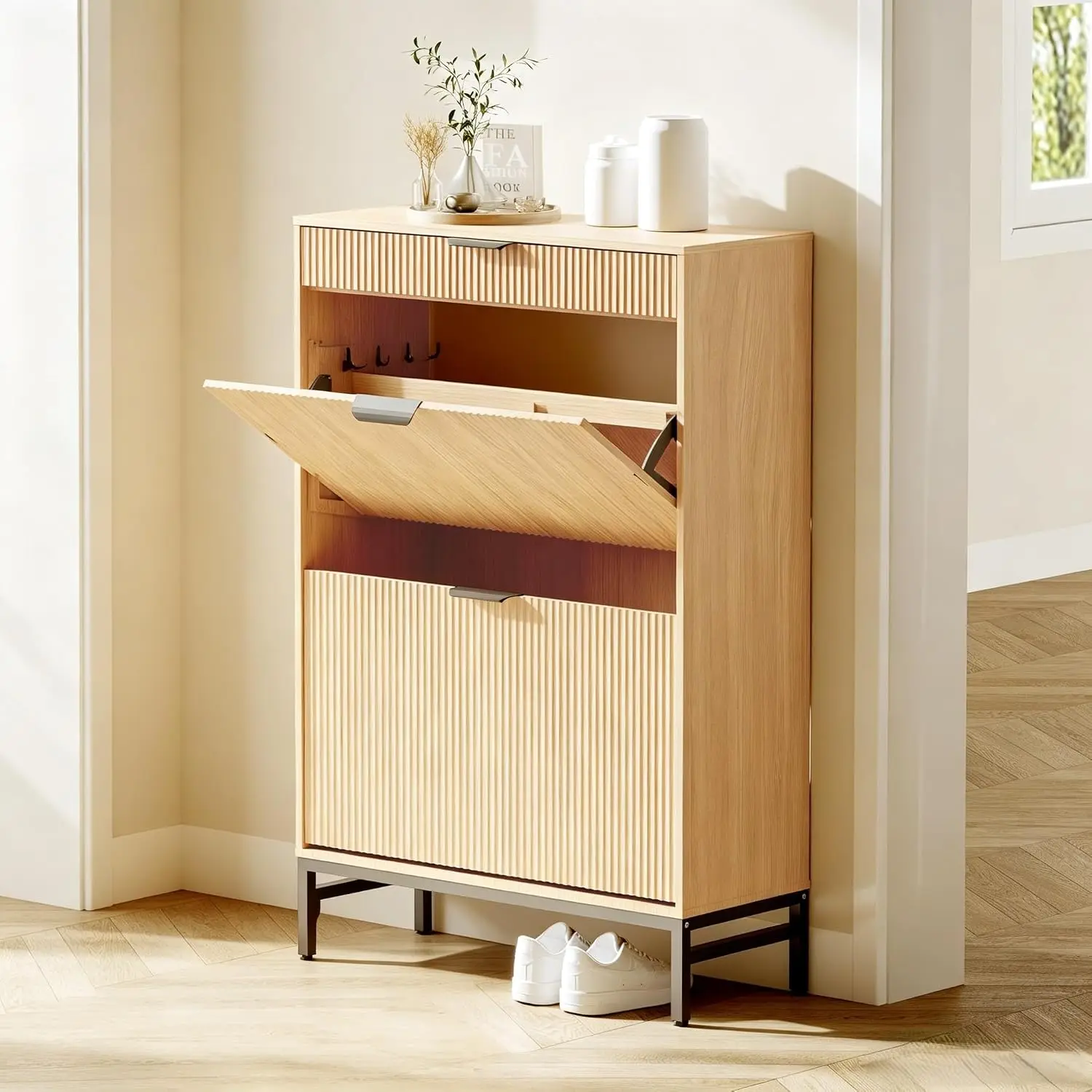 Modern Fluted Shoe Cabinet, 2 Flip & Pull-Out Drawers with Hook, Slim Wooden Organizer with Metal Legs foCustomized