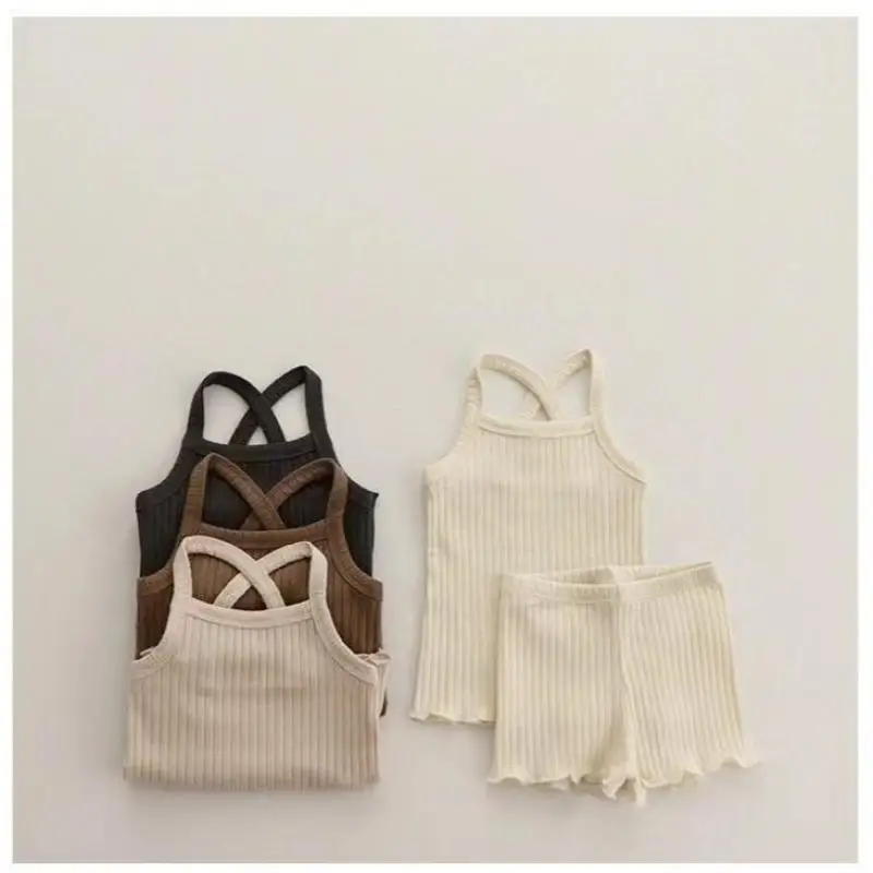 

2024 Summer New Baby Sleeveless Clothes Set Infant Girl Solid Sling Vest + Shorts 2pcs Suit Toddler Cotton Breathable Outfits