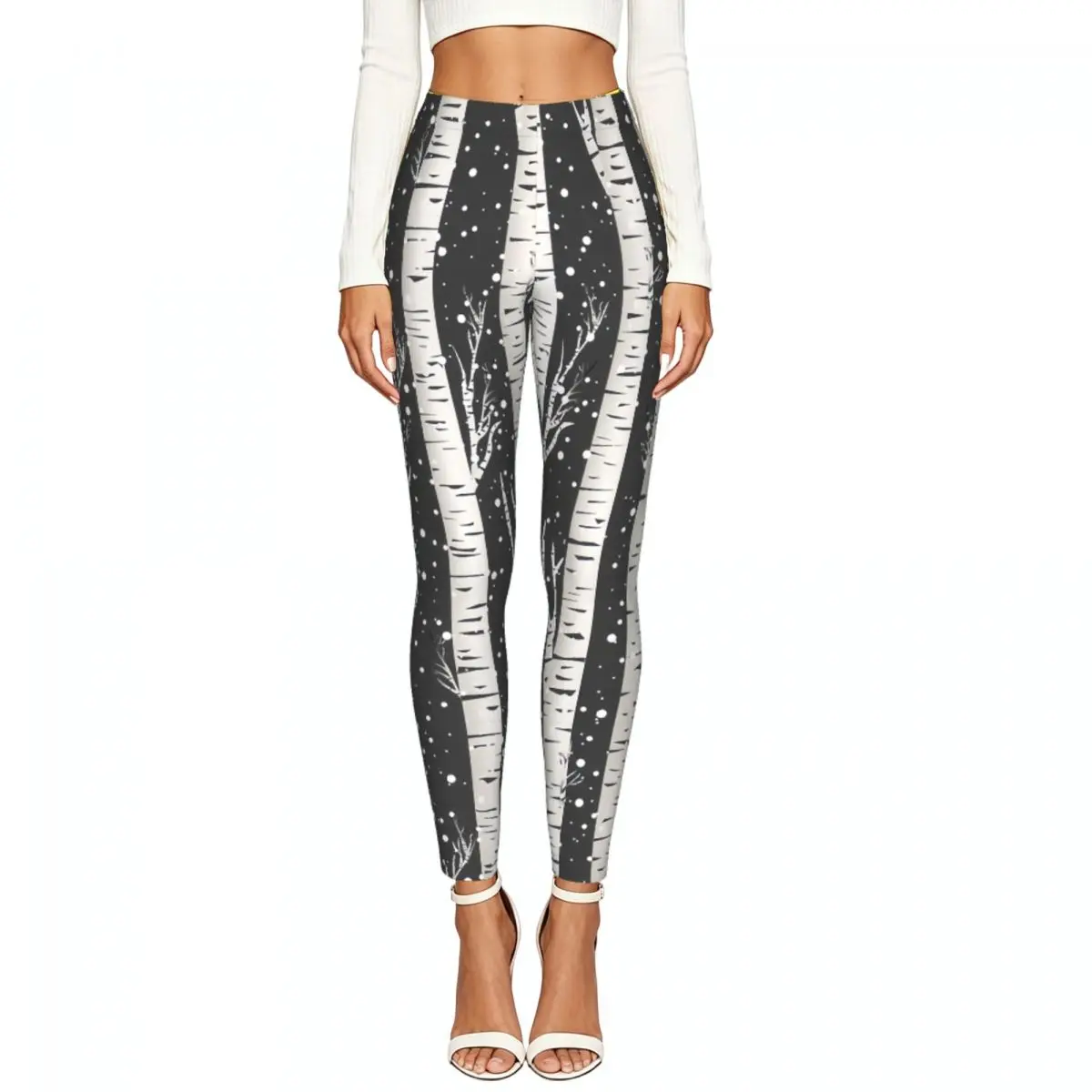 Women Full Length Elastic Leggings High Waist Tight Pants Winter Birch Trees And Snowflakes Casual Bottoms