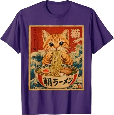 Lustiges Katzen-Ramen-Grafik Retro Japanisches Kawaii Anime Nudel T-Shirt Y2k Cartoon Weiches Baumwoll-T-Shirt für Frauen Männer Harajuku Tees – Detail 19