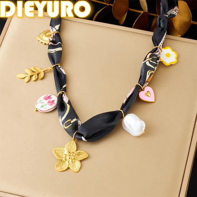 

DIEYURO 316L Stainless Steel Golden Flower Heart Pearl Pendant Black Pattern Ribbon Necklace Lady Waterproof Neck Chain Jewelry