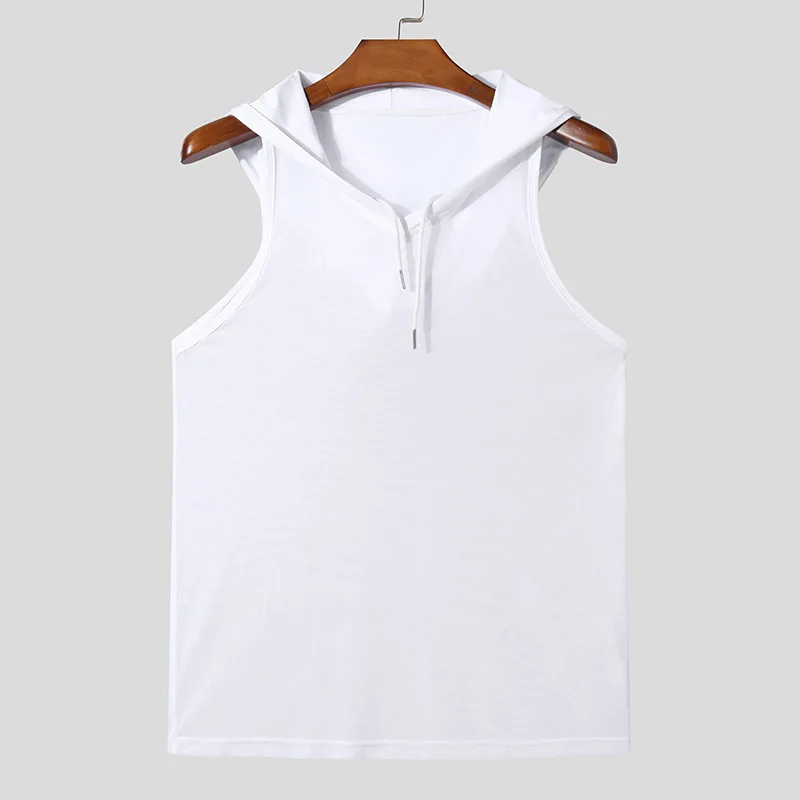 New Chic Men Hooded Sports Tank Tops Sexy Solid Color Transparent Sleeveless T-shirt Summer Casual Drawstring Fitness Vest S-2XL