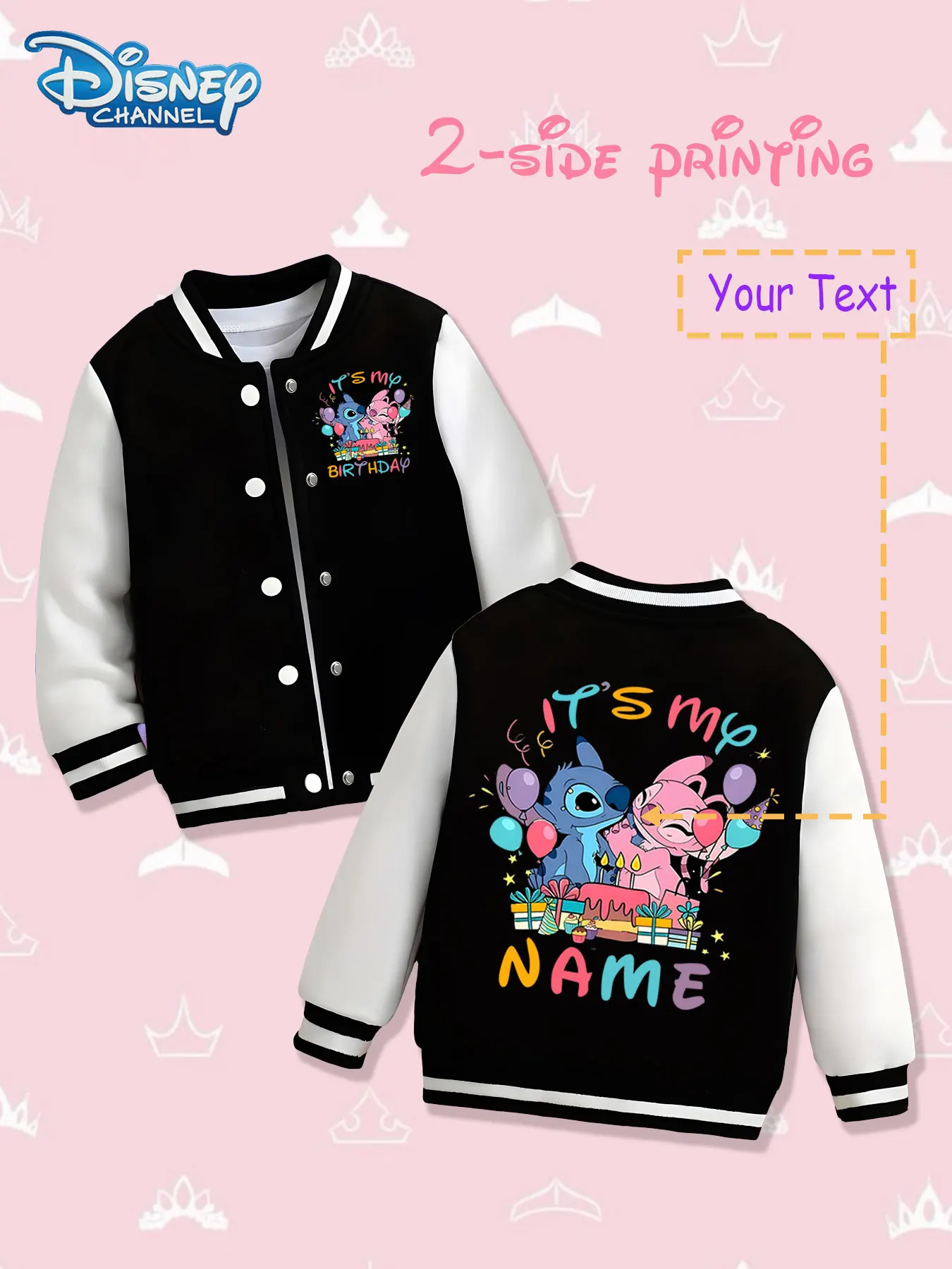 

MINISO Disney Stitch Birthday Theme Girls Baseball Jacket - Double-sided cute print, warm and fun in autumn and winter, suitable