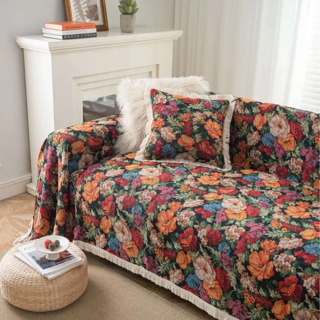 Slipcover Prevent Cat Scratching Jacquard Iris Flower Vintage Festive Thick Sofa Cover Blanket