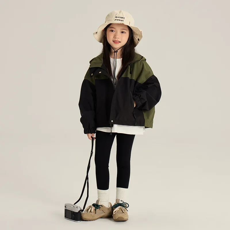 Girls Coat 2024 Autumn New Childrens Clothing Korean Style Baby Girl Fashion Senior Color Hooded Jacket Casual Simple Daily