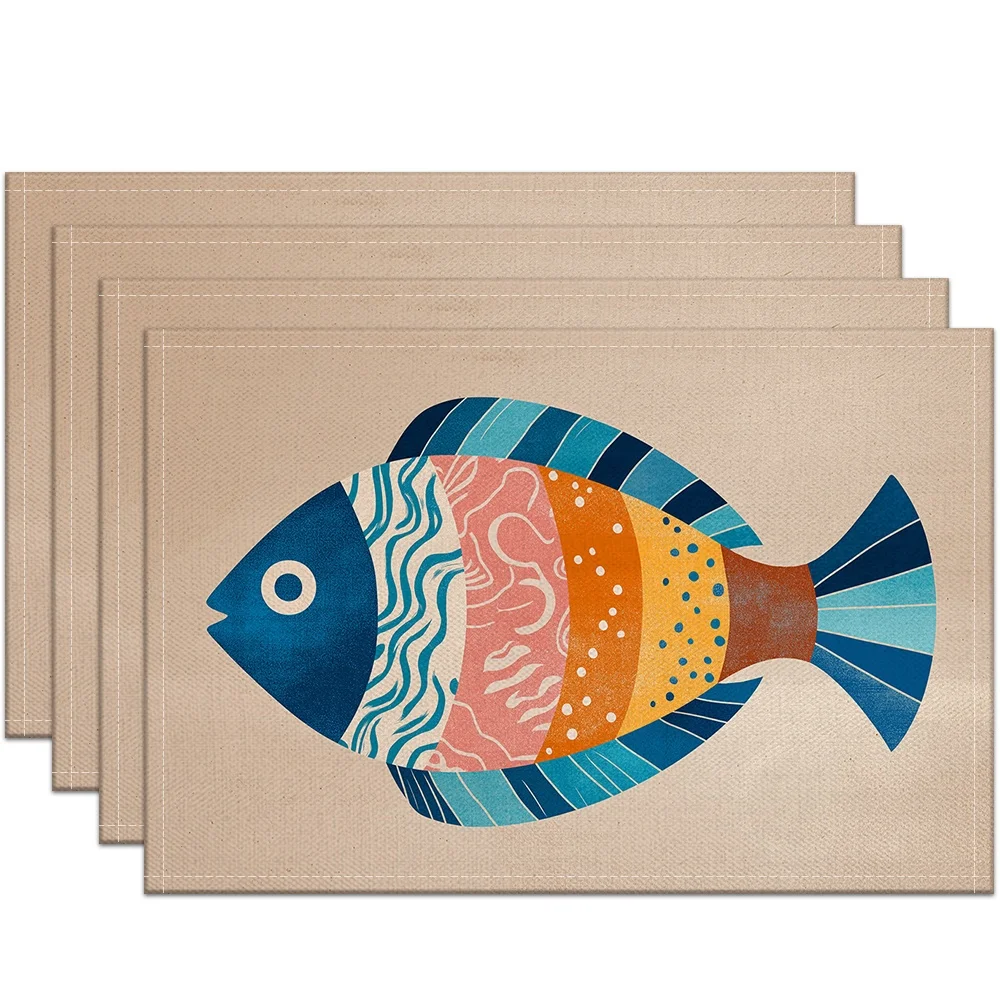 Linen Base Folk Fish Placemats Neutral Tone Table Decor Rustic Tray Display Coastal Farmhouse Dining Table Gift