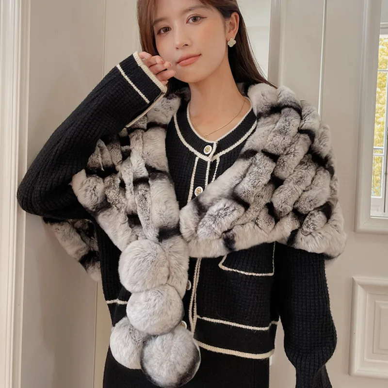 Real Rex Rabbit Fur Shawl Winter For Women Fashion Natural Fur Shawl Lady Pashmina Wraps Women Fur Cape Shawls Scarfs With Balls