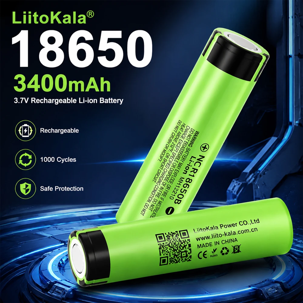 LiitoKala 18650 Akku 3400mAh 3.7V 34B Wiederaufladbarer Li-Ionen-Akku mit flachem Anschluss und hoher Kapazität für Taschenlampen, LED-Leuchten und Powerbanks – Detail 1