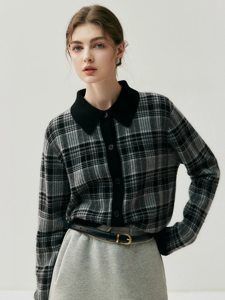 

Vintage Women's Shirt Cardigan 100% Cashmere Autumn Winter Sweater Blouse Black White Plaid Shirt Polo Collar Warm Knitwear Coat