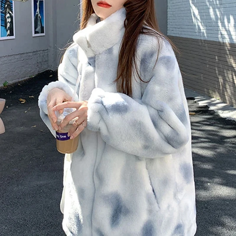 

harajuku korean Overcoat Pocket Outwear autumn Winter Zipper tie-dye Jacket Female Elegant Coats Women lambs wool Coat Jackets