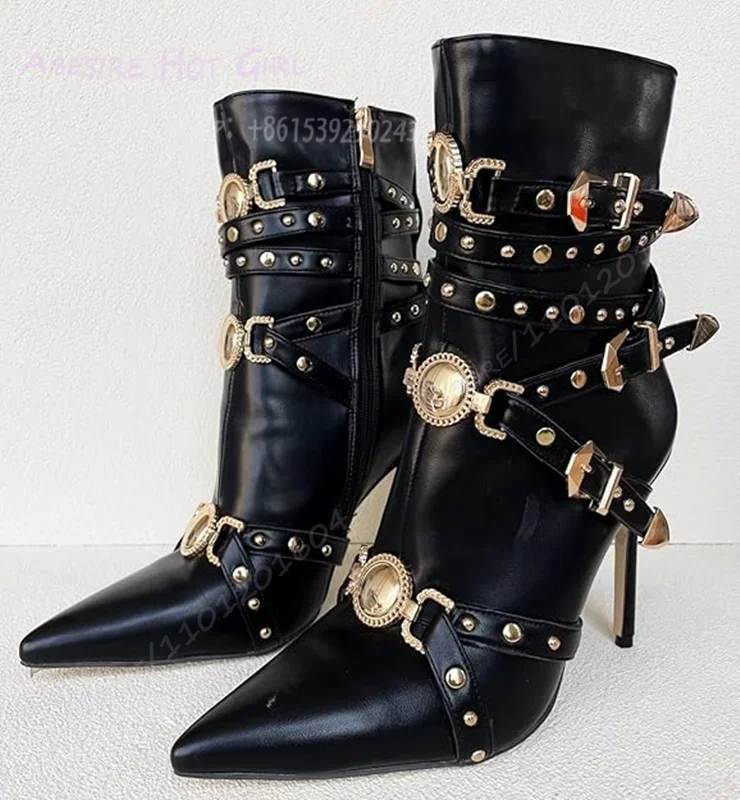

Gold Rivet Buckle Black Leather Calf Boots Women Belt Buckle Pointed Zipper Office Lady Stiletto Party Casual Bordered Shoes