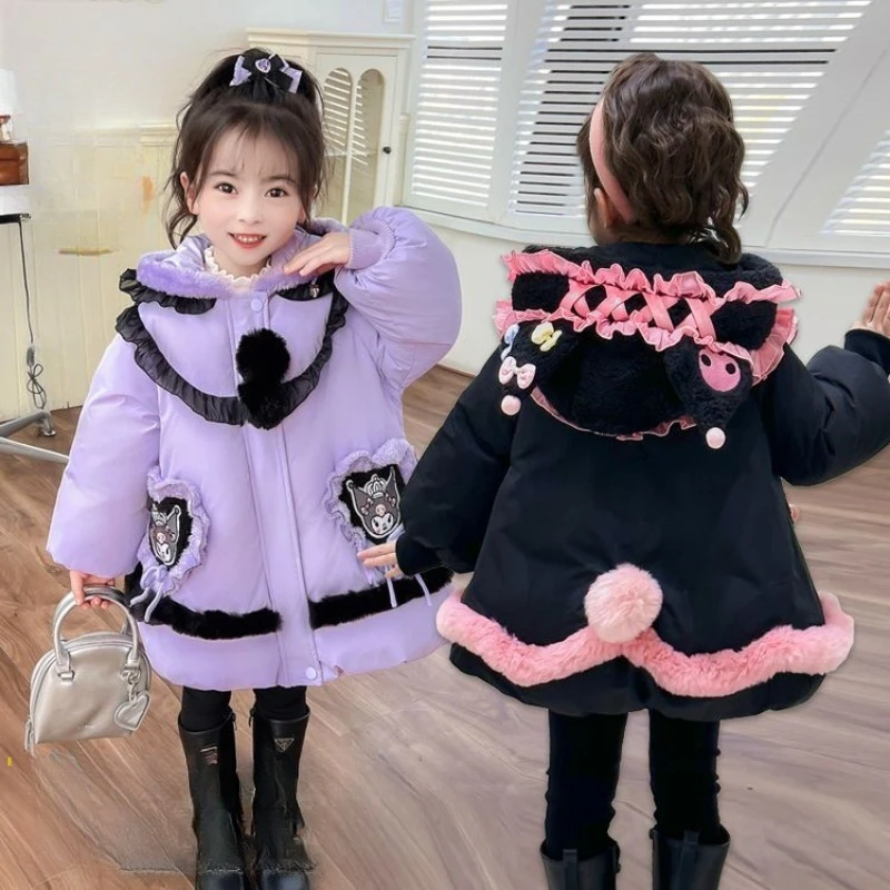 

Куртка с капюшоном на флисовой подкладке в стиле аниме Sanrio Kuromi для девочек, плотная верхняя одежда, осенне-зимняя детская одежда, утепленное теплое пальто, рождественский подарок