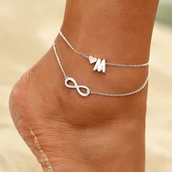 Boho Initial Anklet Heart Infinity Silver Color Ankle Bracelet on Leg Chain 26 Letter Anklets For Women Ankle Beach Foot Jewelry