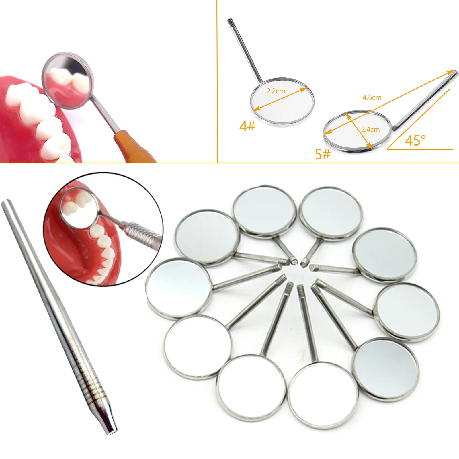 10pc/set Dental Stainless Steel Mouth Mirror Reflector 4#/5# Dentist Mirror Handle Detachable Handle Dental Mouth Mirror