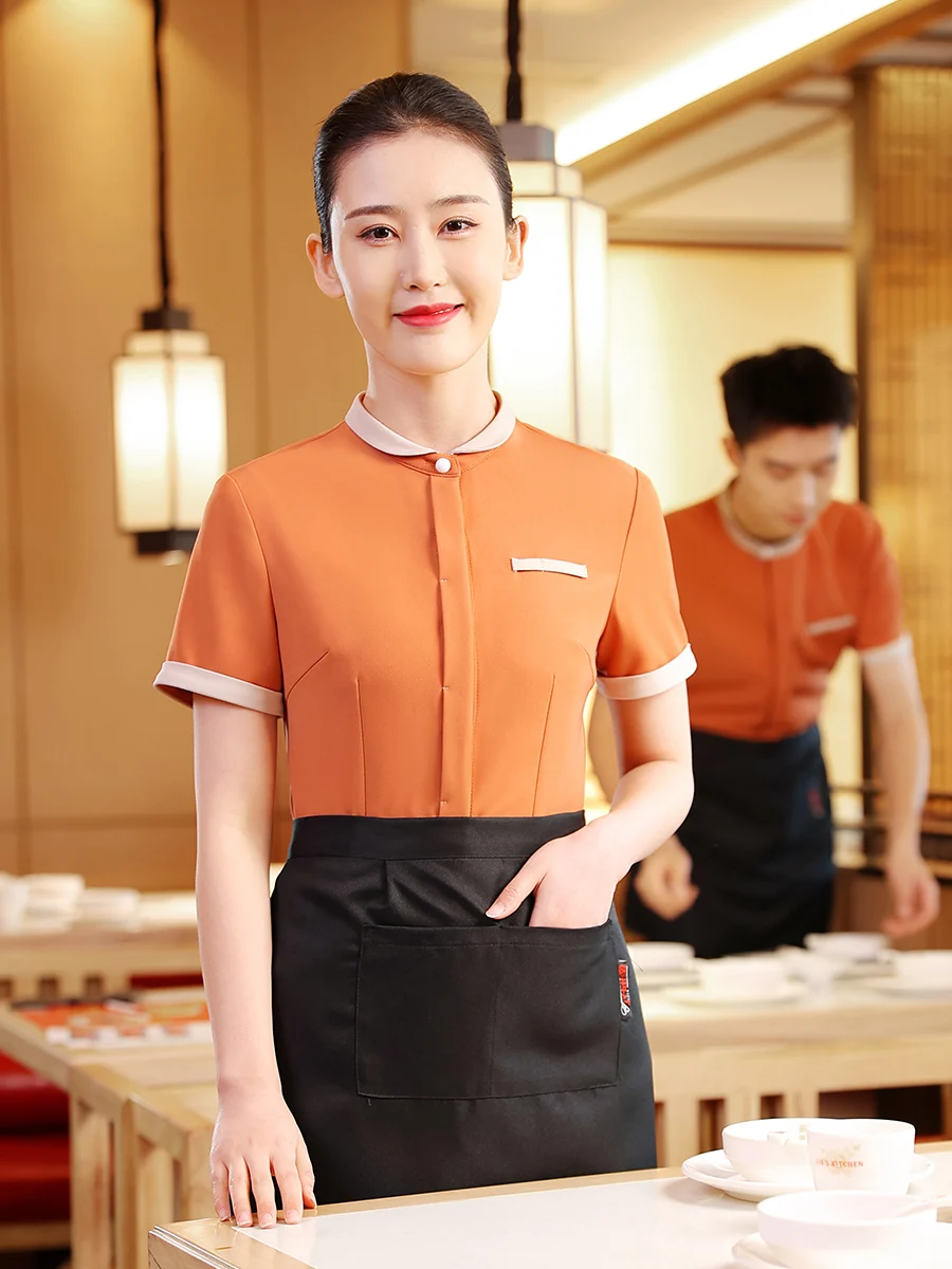 Ensemble chemise + tablier Orange pour femme, uniforme de travail, Logo personnalisé, pour serveur, café, Restaurant occidental, printemps/été 2023