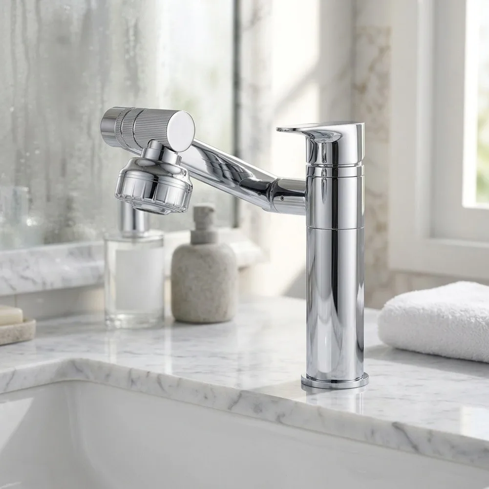 Chrome Finish Swivel Faucet Stainless Steel Dual Spray Modes Shower Steady Stream 5 5 32cm for Single Hole Basin Setup