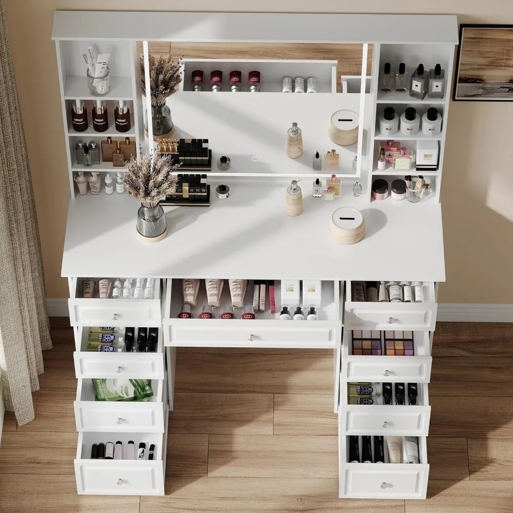 Mesa de maquiagem grande de 47 polegadas com espelho e iluminação com brilho ajustável, com 9 gavetas e 10 prateleiras abertas