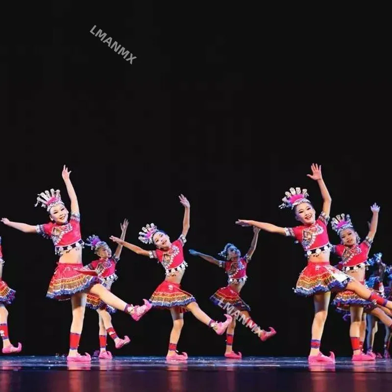 Strój do tańca narodowego w stylu Miao, Yi, Xiao He na Dzień Niepodległości dla dzieci, strój do tańca Dang Pai Start Dang