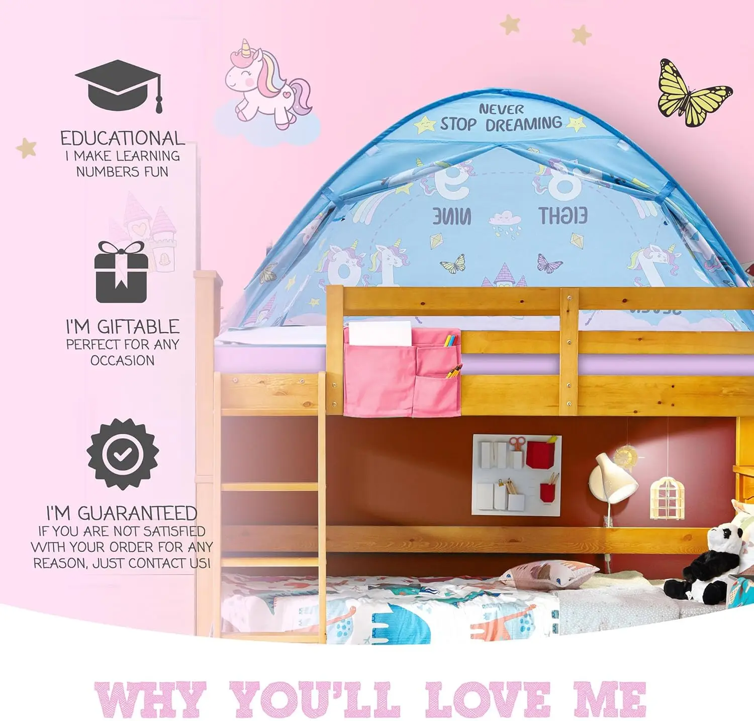 

Pink Unicorn Bed Tent For Kids - Magical Dream Tents With Educational Bedroom Decor - Top Bunk Beds Canopy Privacy Pop Up Sleep