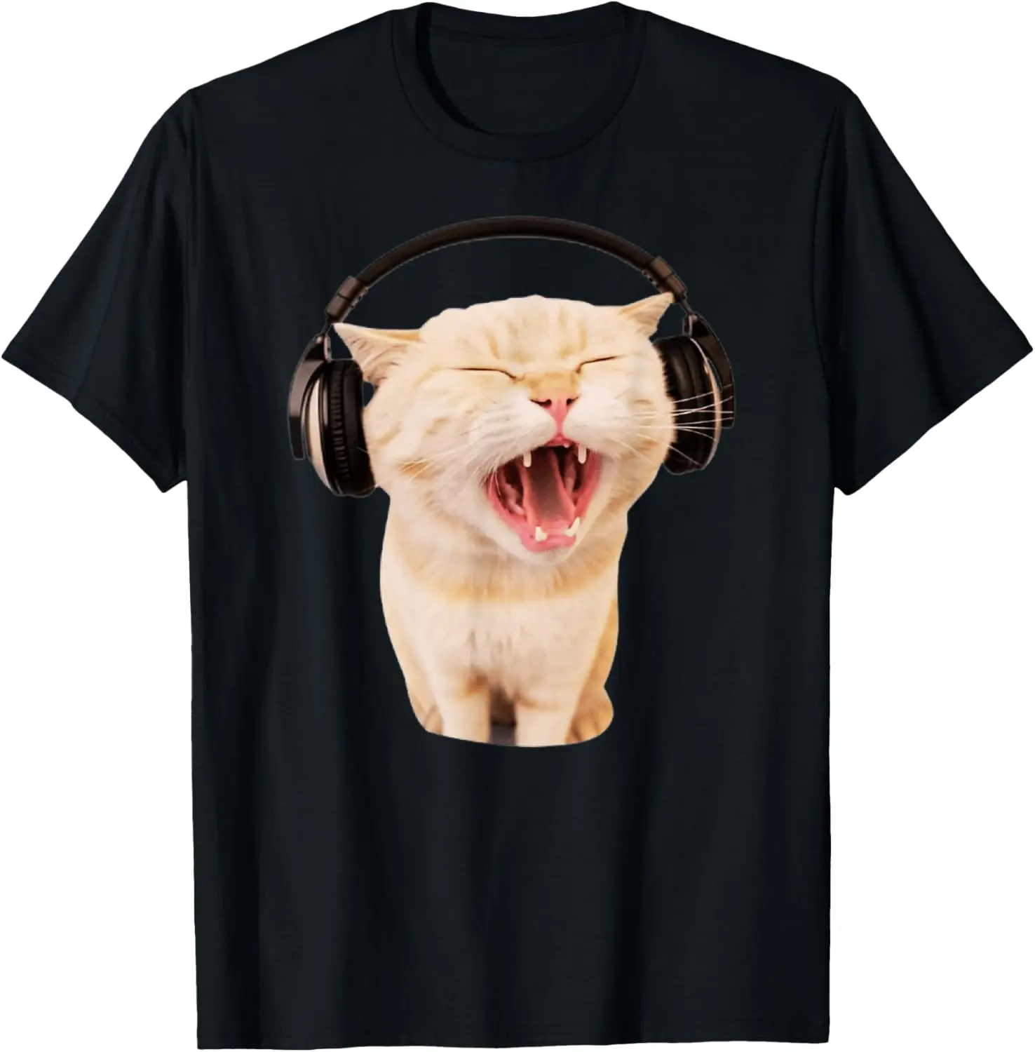 With Headphones Cat Meme Funny Gen-Z Memes T-Shirt 100% Cotton Trendy Y2K Short-Sleeve Tee-Soft, Quick-Drying, Moisture-Wicking;