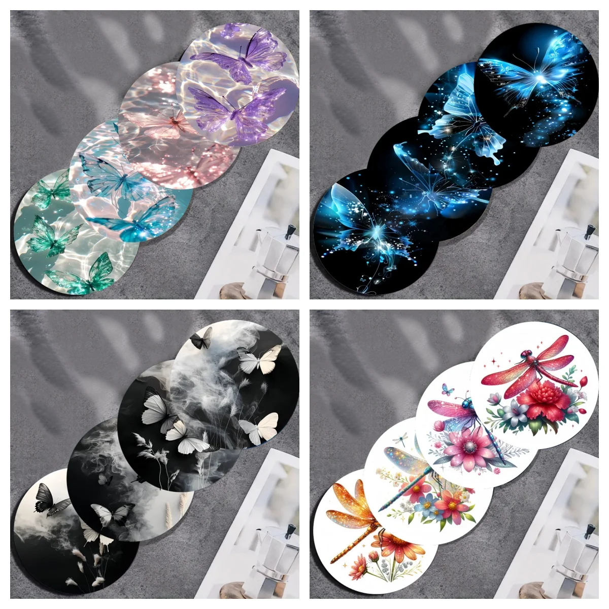 Four-piece set of dreamy butterfly pattern color-printed wooden coasters, the perfect decoration for Thanksgiving and Christmas