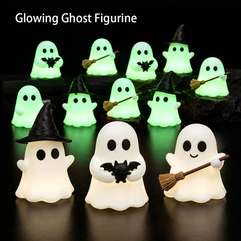 Halloween Luminous Mini Ghost Statue Ornament Handcraft Holiday Table Decor Soft Glow Baking Topper Multi-use Ornament For Gift