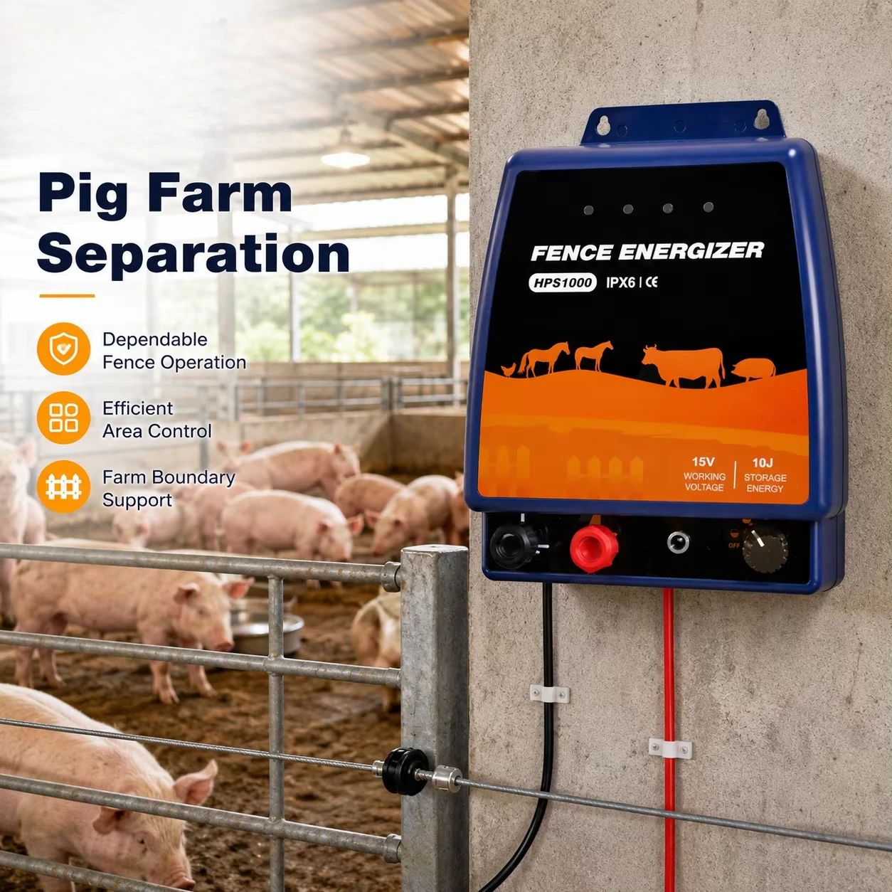 HPS1000 15V Working Voltage IPX6 Electric Fence Energizer 10J12J Storage Energy for Sheep Goat Farm Use Systems
