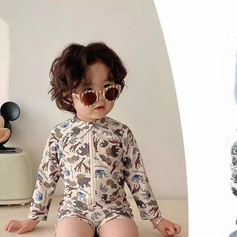Summer Baby Boys Long Sleeved Swimwear Cartoon Print Zipper Sun Protection Quick Drying Swimsuit Bathing Cap Kids Beachwear