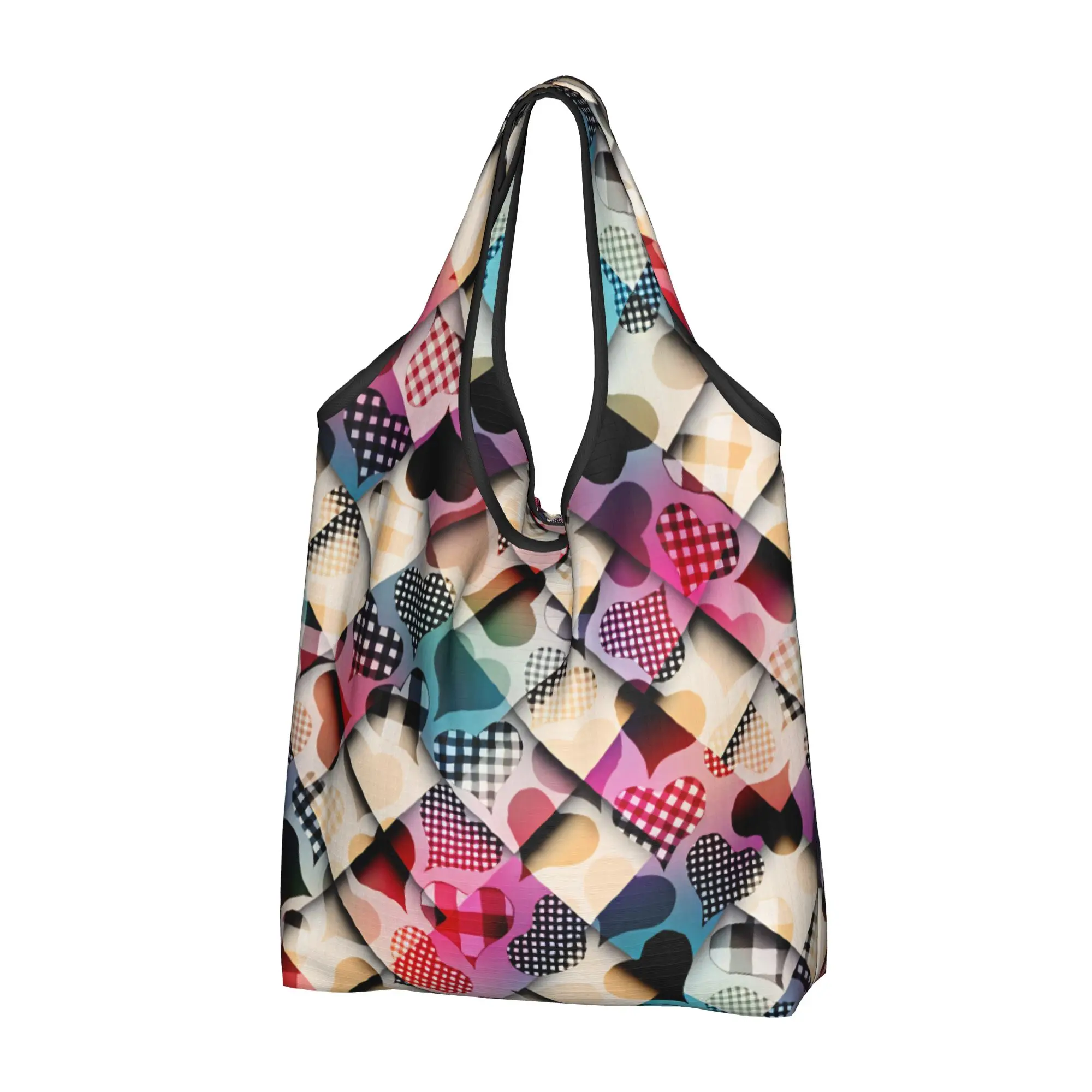 Valentine's Day Geometric Heart Op Art Grocery Tote Shopping Bag Women Custom Diagonal Plaid Heart  Shoulder Shopper Bag Handbag