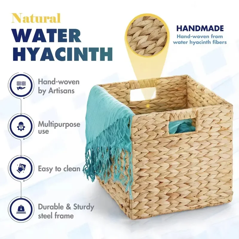Rectangular Water Hyacinth Storage Basket Hand Woven Collapsible Rattan Organizer with Handle Modern Home Decor Laundry Bin