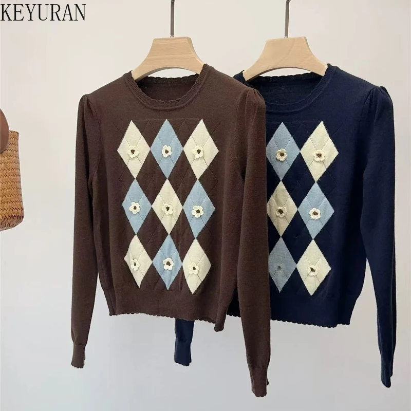 

2025 Autumn Knit Sweater Women's Korean Style Simple O-neck Long Sleeve Diamond Pattern Crochet 3D Floral Knitted Cardigan Top​s