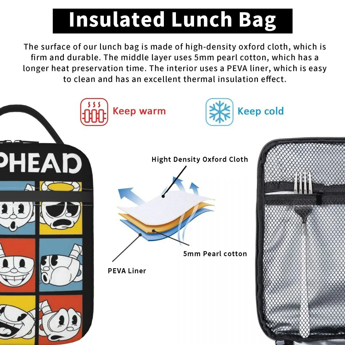 The Cuphead Show Game Product Insulated Lunch Bag For School Office Food Box Leakproof Thermal Cooler Lunch Boxes