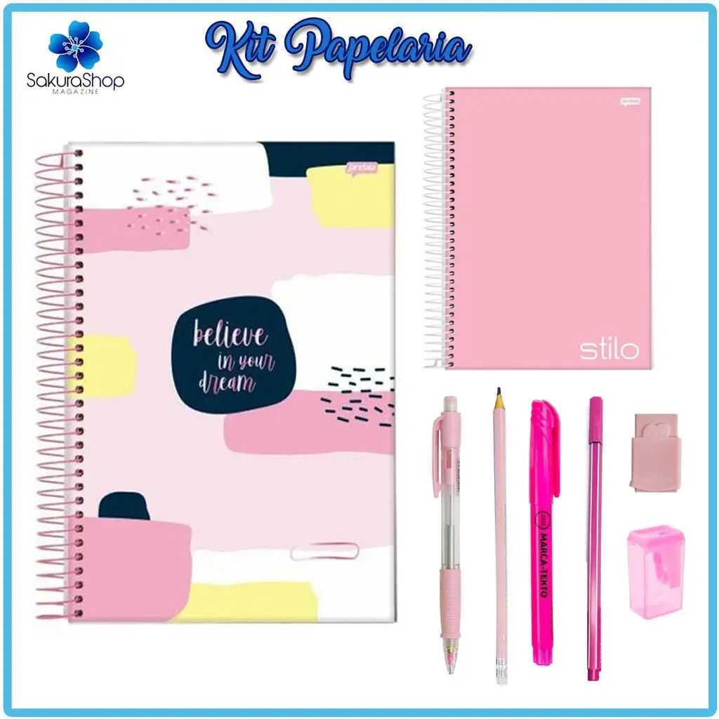 Kit Papelaria Tons de Rosa Cor Rosa Escolar Neon Pastel