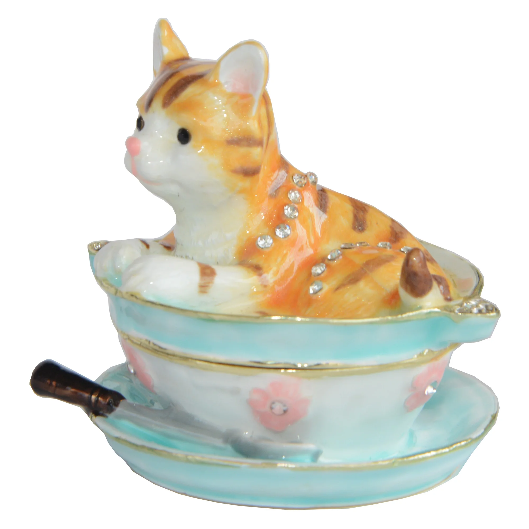 Enamel Hand Painted Bowl Cat Trinket Box Vintage Jewelry Box Hinged Metal Jewelry Organizer Decorative Treasure Box Unique Gifts