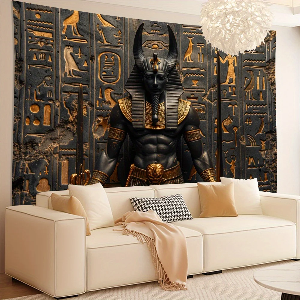 Ancient Egyptian Tapestry Featuring Anubis with Hieroglyphics for a Majestic Wall Decor