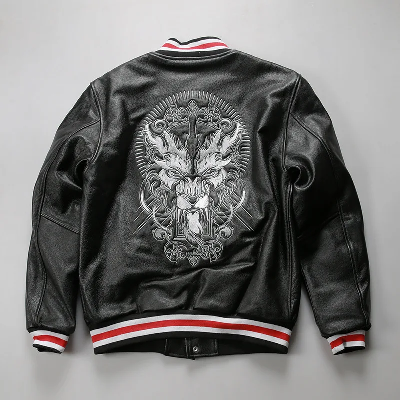 2024 New Fashion American Casual Sports Leather Baseball Black Leather Coats Men's Embroidered Dragon Head Cowhide Jackets