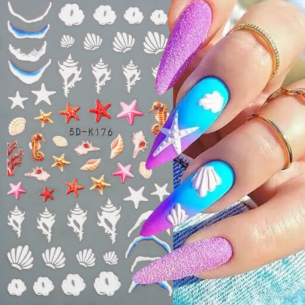 5D Summer Ocean Nail Stickers Shells Starfish Jellyfish Wave Decals Colorful Beach Relief Sliders DIY Manicure Decoration NL5D-K