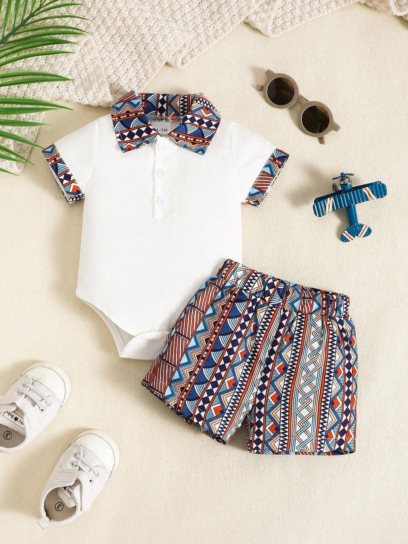 Winter  0-1 Years Old  Infant  Baby  Boys  Lapel   Short-Sleeved  Tops  And   Printed  Shorts  2 -Piece Set