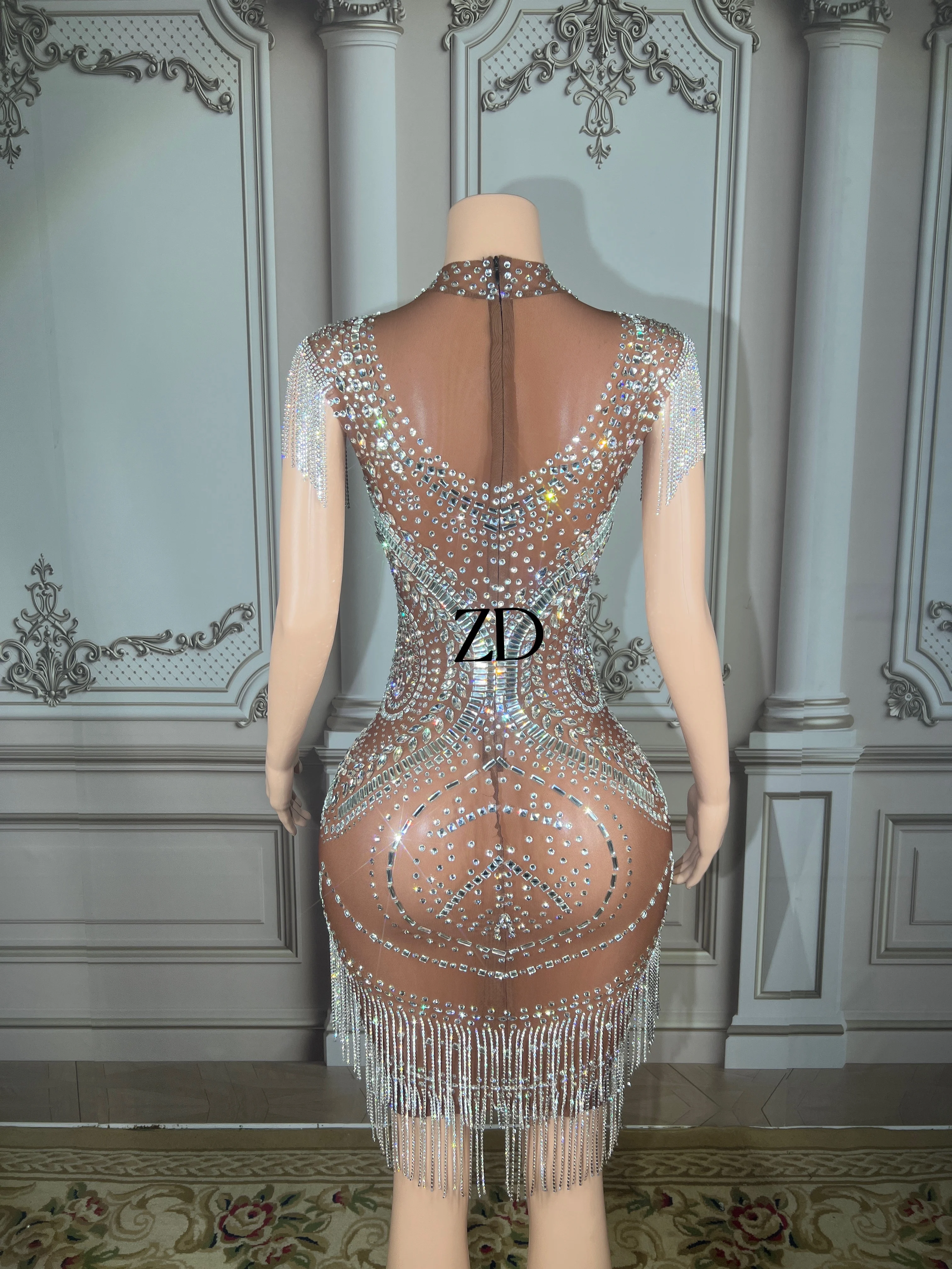 Imagem -02 - Zd-sparkly Rhinestone Cadeia Pérola Vestido Transparente Vestido de Noite Celebração de Aniversário Traje de Casamento Franjas de Baile