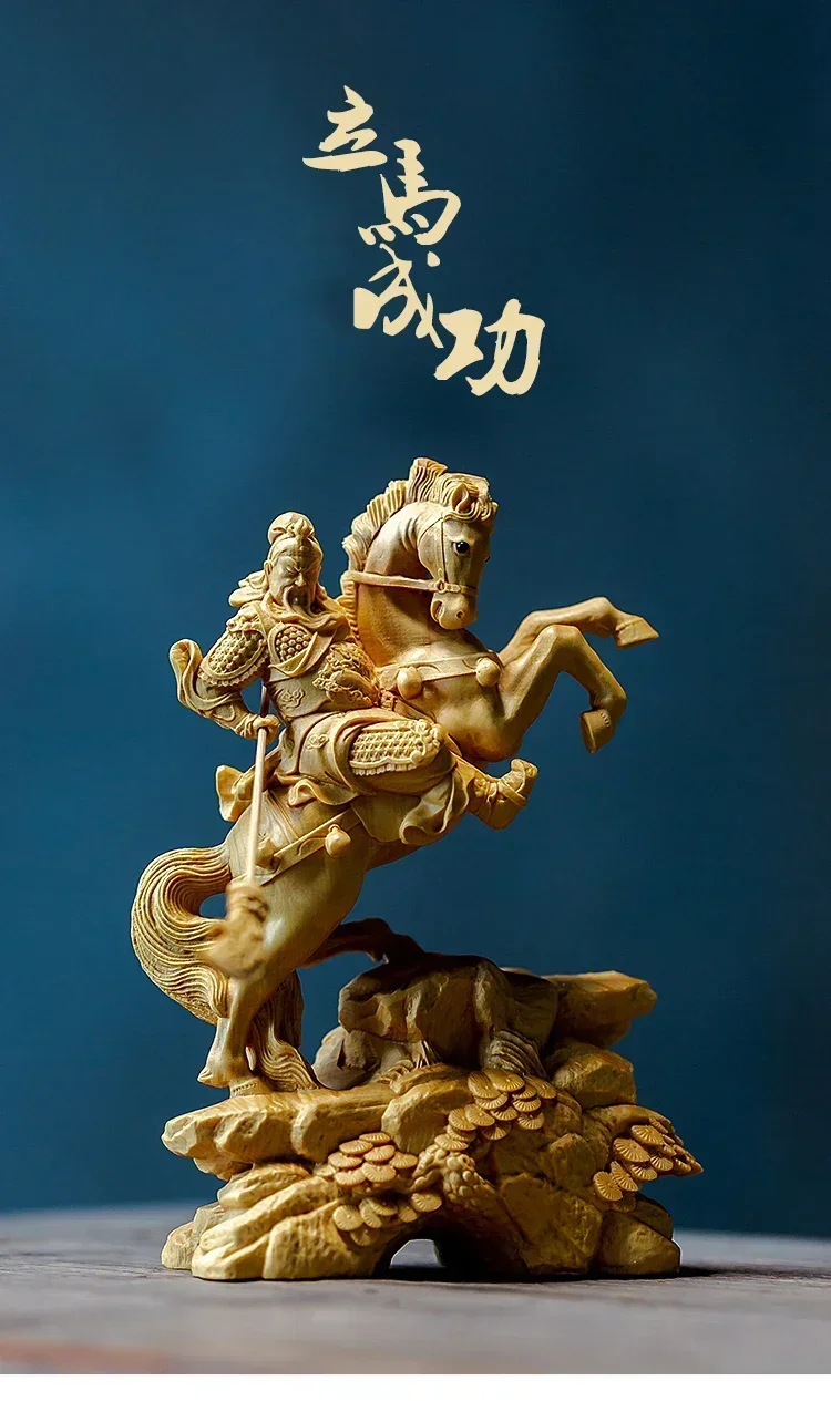 14CM  Feng Shui Boxwood The Three Kingdoms Figure Wood Statue Sculpture Guanyu Riding Horse Home Decor