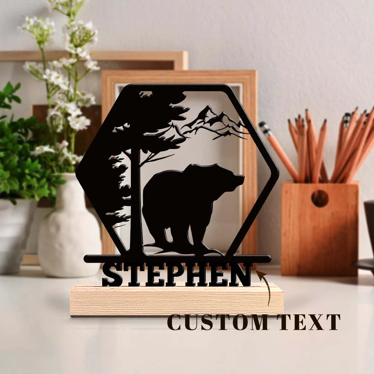 1pc Metal Desktop Decoration Custom Content Equipped with A Wooden Base Gifts and Metal Decorations for Family and Friends