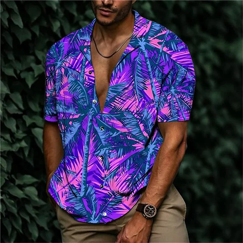 2024 Summer Coconut Tree Graphic Men\'s Hawaiian Shirts 3d Plant Shirt For Men Fashion Casual Short-sleeved Tops Lapel Blouse 4XL